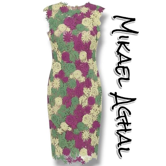 Mikael Aghal Dresses & Skirts - Mikael Aghal Merana 3D Floral Lace Sheath Dress Sz 4 Pink Green Yellow occasion